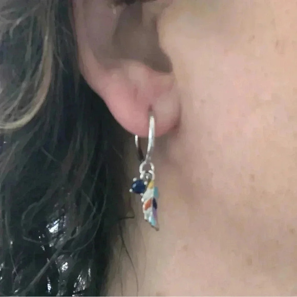 Native Colorful Feather 925 Sterling Silver Crystal Hoop Earrings New - Picture 4 of 4